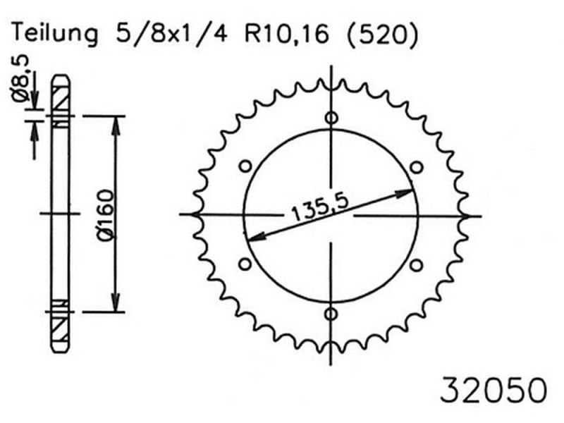 Esjot Motorrad Kettenrad 47 Zähne Stahl (520) (5/8x1/4) (92-32050-47)